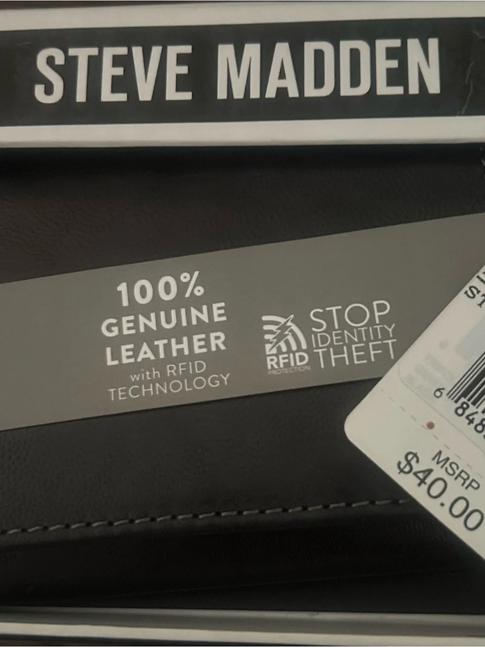 Steve Madden Black Leather Trifold Wallet with RFID Shielding